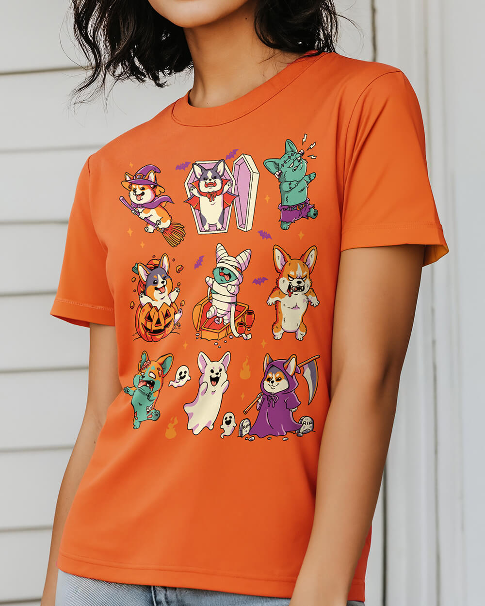 Playful Halloween Corgi costume parade illustrated on a t-shirt