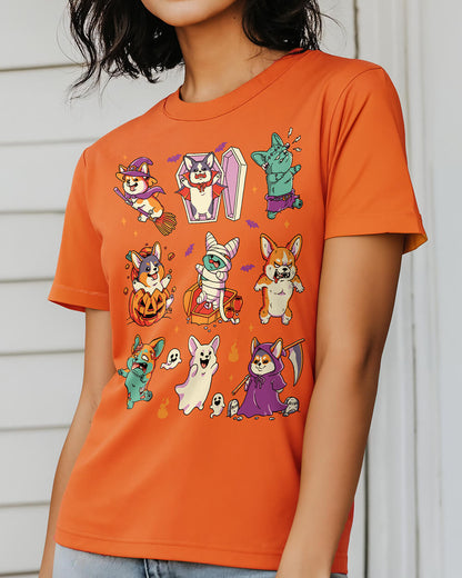 Playful Halloween Corgi costume parade illustrated on a t-shirt