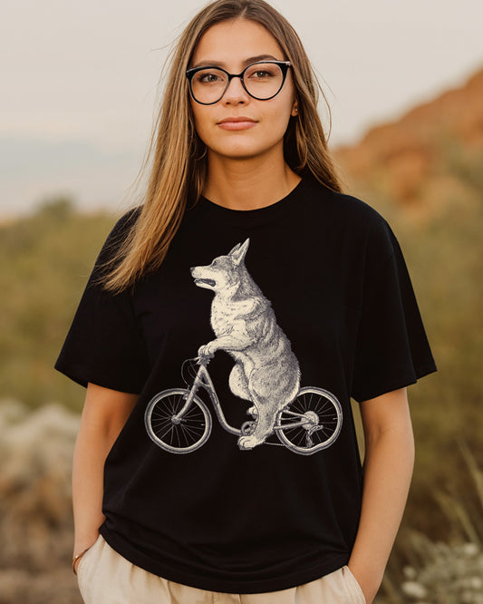 Corgi cycling on a vintage bicycle engraving-style T-shirt design