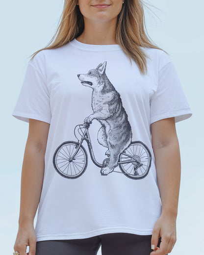 Corgi cycling design on a classic and minimalist white T-shirt