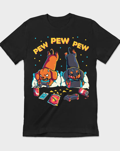 Cute Gamer Dachshund pups playing retro games graphic tee