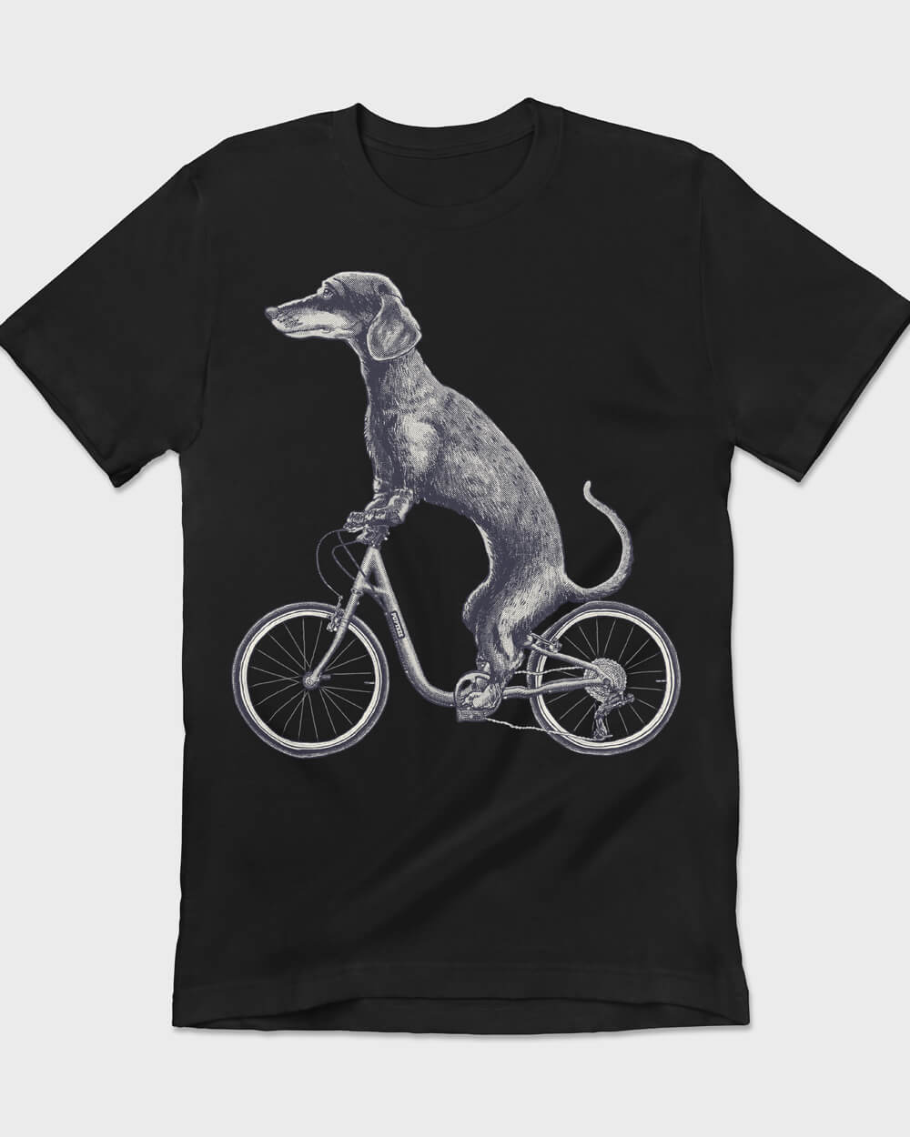 B&W Weiner dog on a bicycle tee design