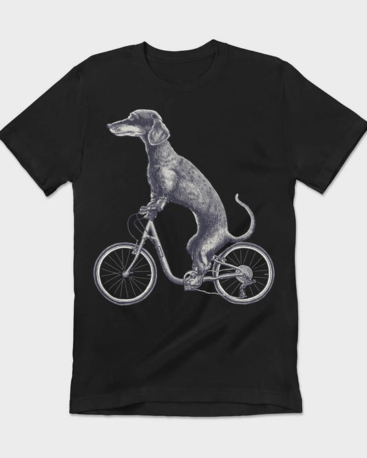 B&W Weiner dog on a bicycle tee design