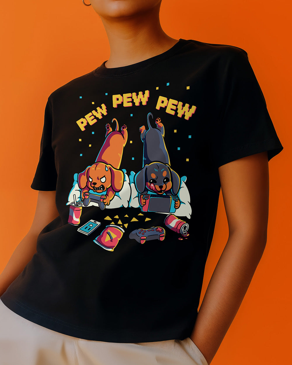 Retro graphic t-shirt with two Dachshunds playing video games