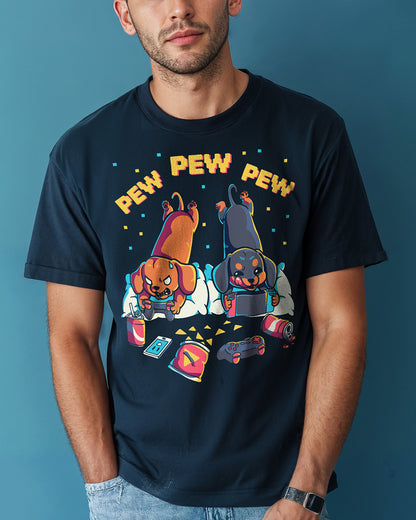 Dachshund dogs playing video games T-shirt in retro colors and design