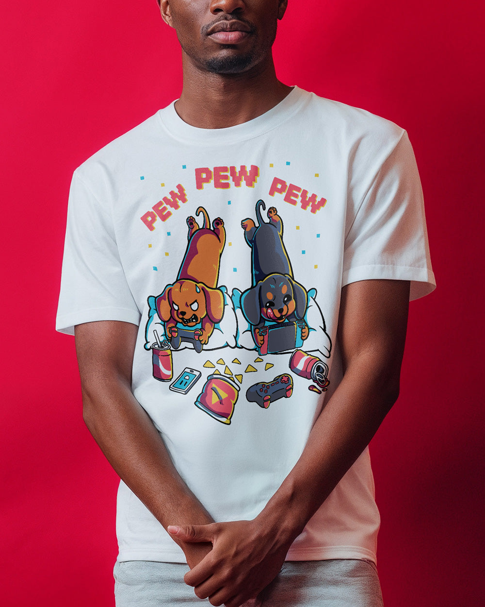 Dachshunds gaming on a retro-style t-shirt for dog lovers