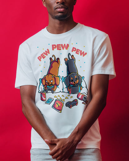 Dachshunds gaming on a retro-style t-shirt for dog lovers