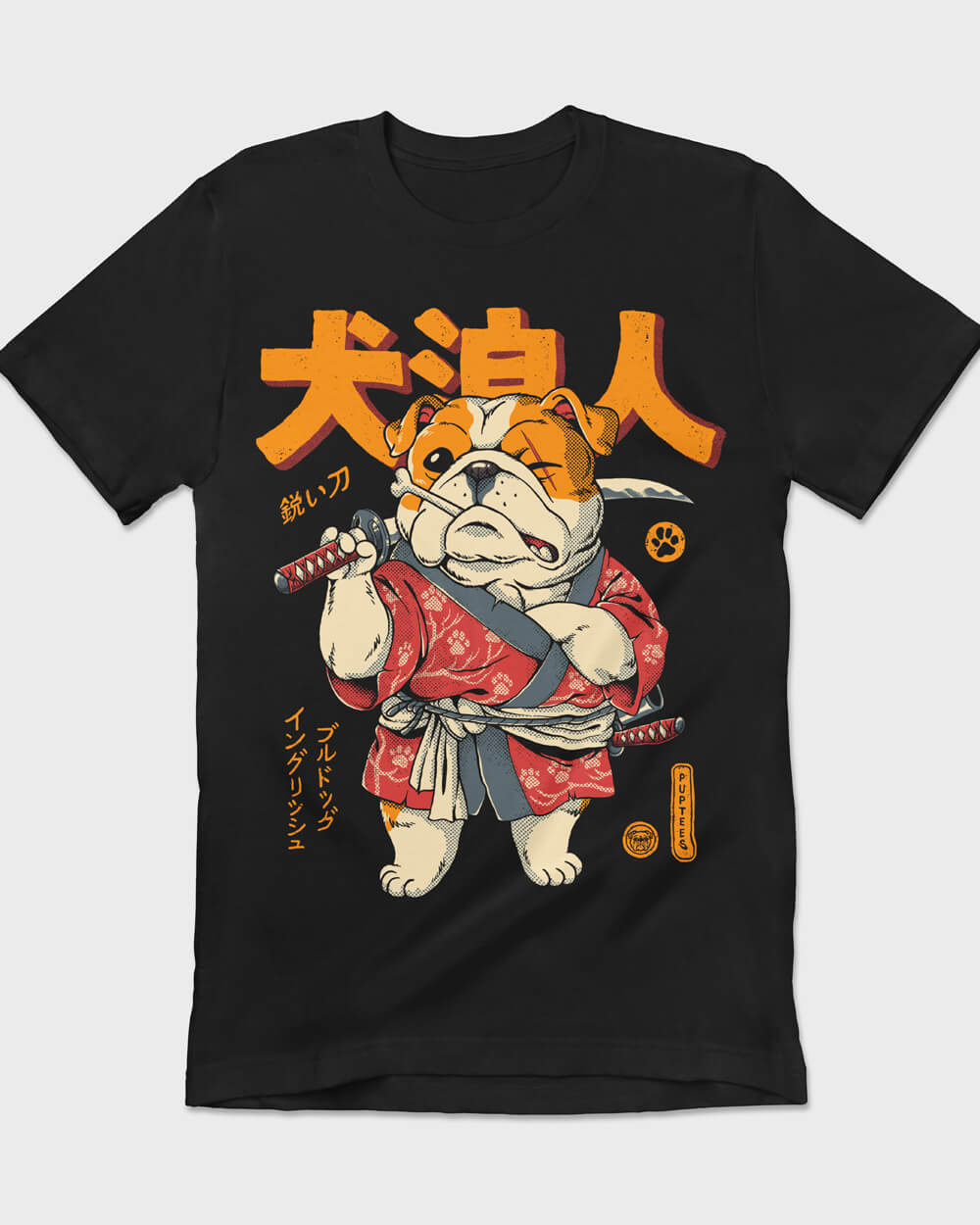 Graphic T-shirt featuring a fierce English Bulldog dressed as a samurai ronin with a traditional katana