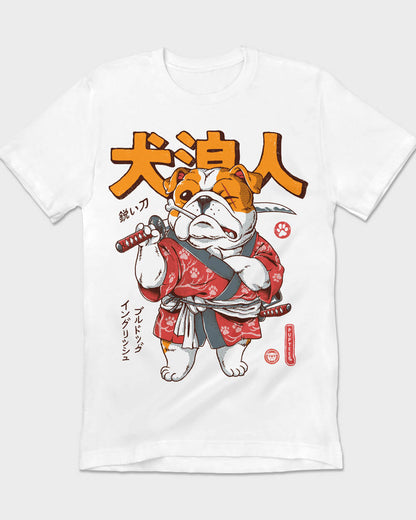 Creative white T-shirt design with a English Bulldog in full samurai ronin attire, inspired by Japanese samurai legends