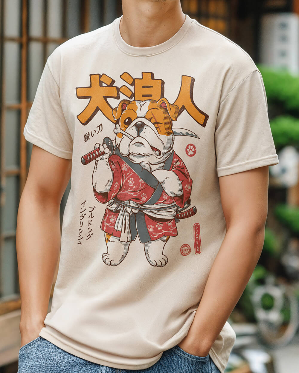 Unique English Bulldog Samurai Ronin T-shirt design in cute Anime style