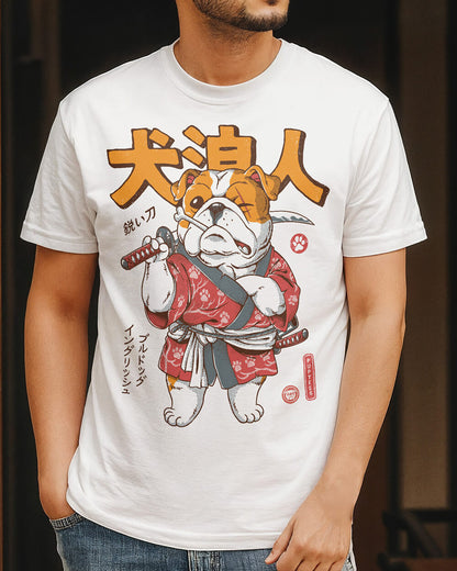 English Bulldog white T-shirt design with samurai ronin attire, perfect for dog lovers and Japanese culture enthusiasts