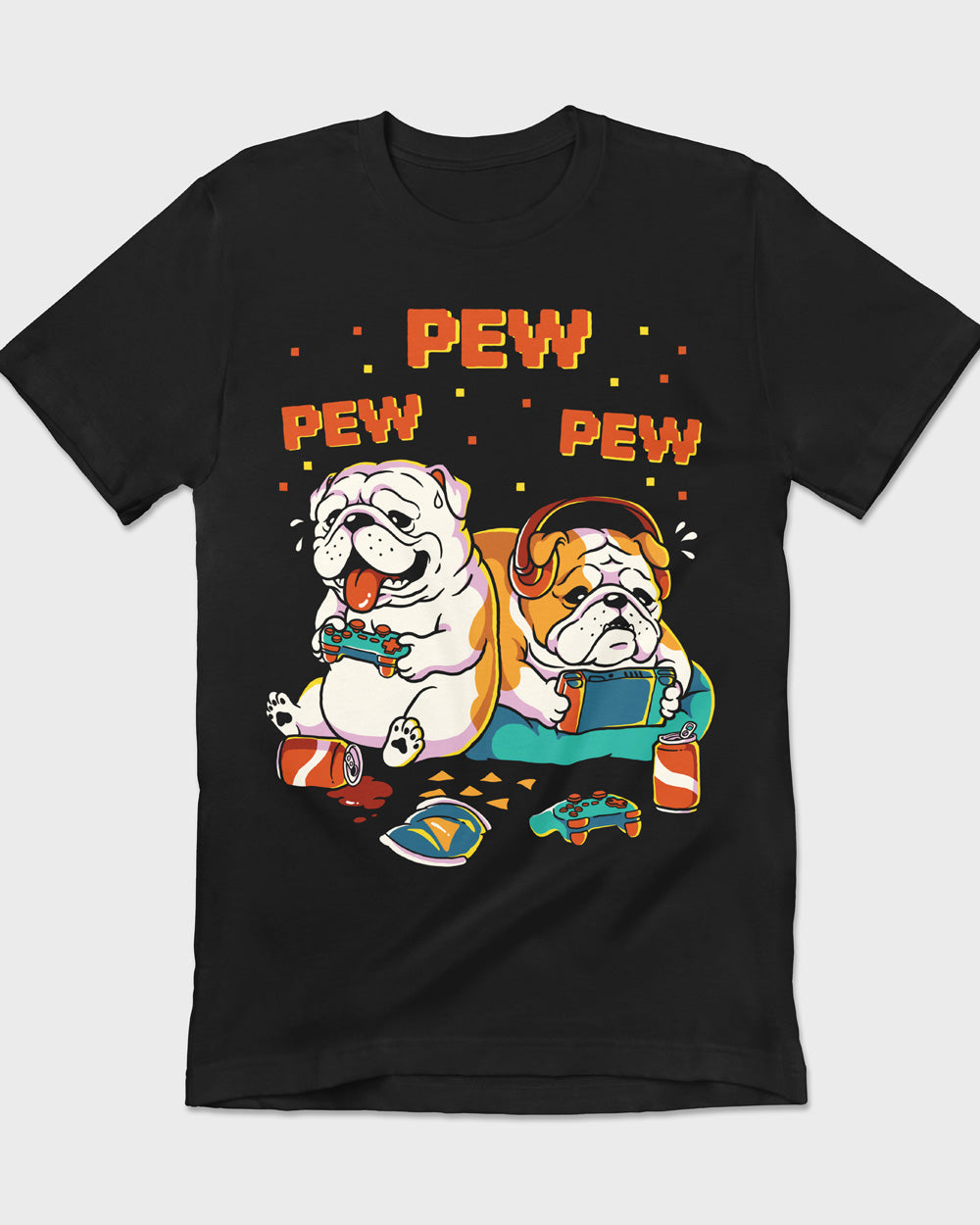 Retro graphic t-shirt with two English Bulldogs playing video games