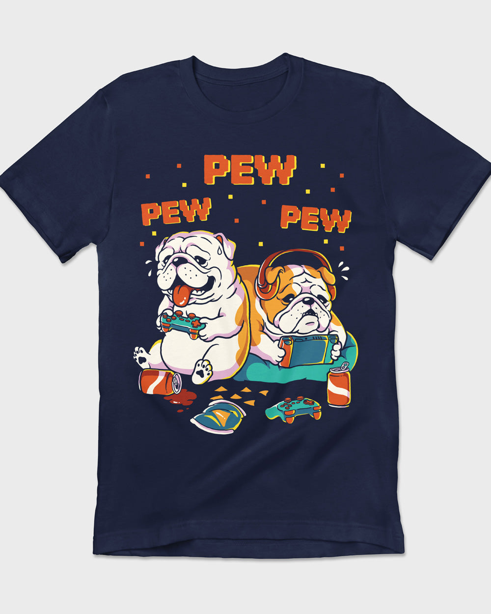 Pair of English Bulldogs gaming on a retro-style t-shirt for dog lovers