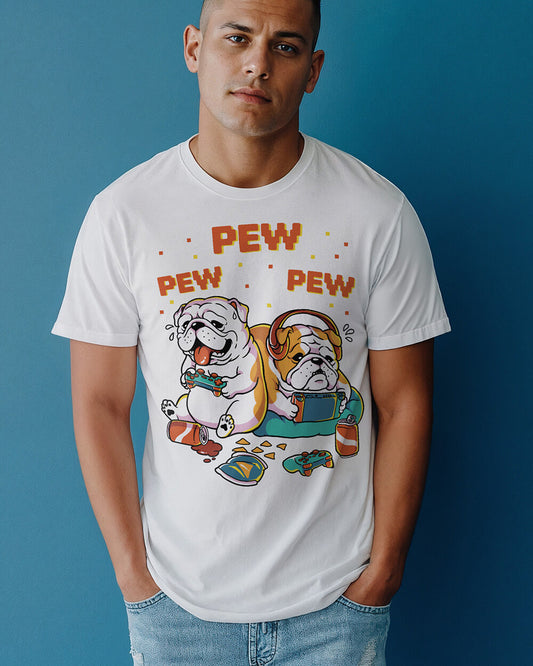 English Bulldogs playing video games T-shirt in retro colors and design