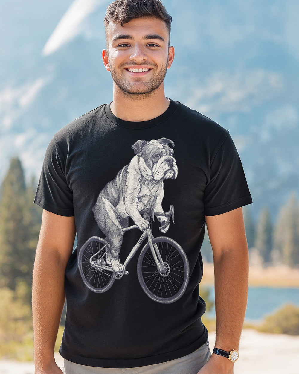 Retro black and white B&W Bulldog on a bicycle graphic black tee design