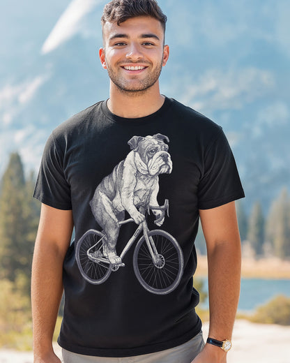 Retro black and white B&W Bulldog on a bicycle graphic black tee design