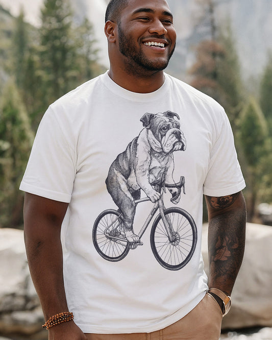 English Bulldog cycling on a vintage bicycle engraving-style white T-shirt design