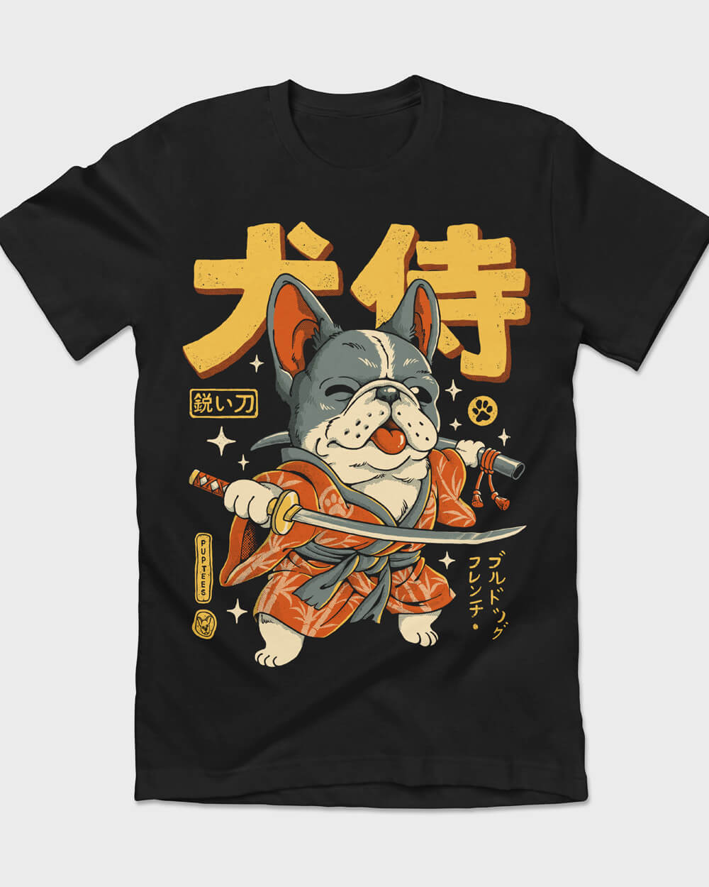 Creative black T-shirt design with a French Bulldog in full samurai ronin attire, inspired by Japanese samurai legends