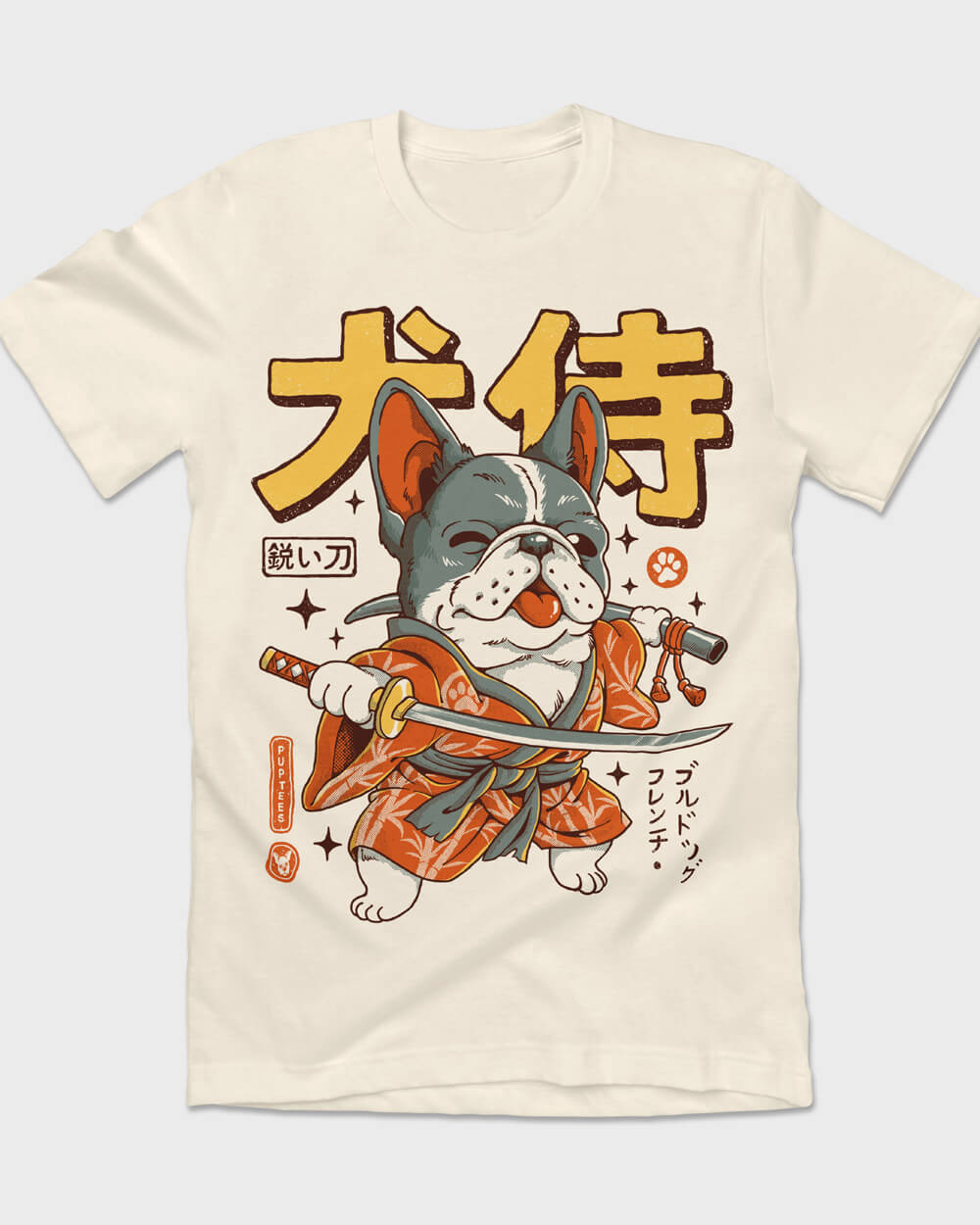 Graphic T-shirt featuring a fierce French Bulldog dressed as a samurai ronin with a traditional katana