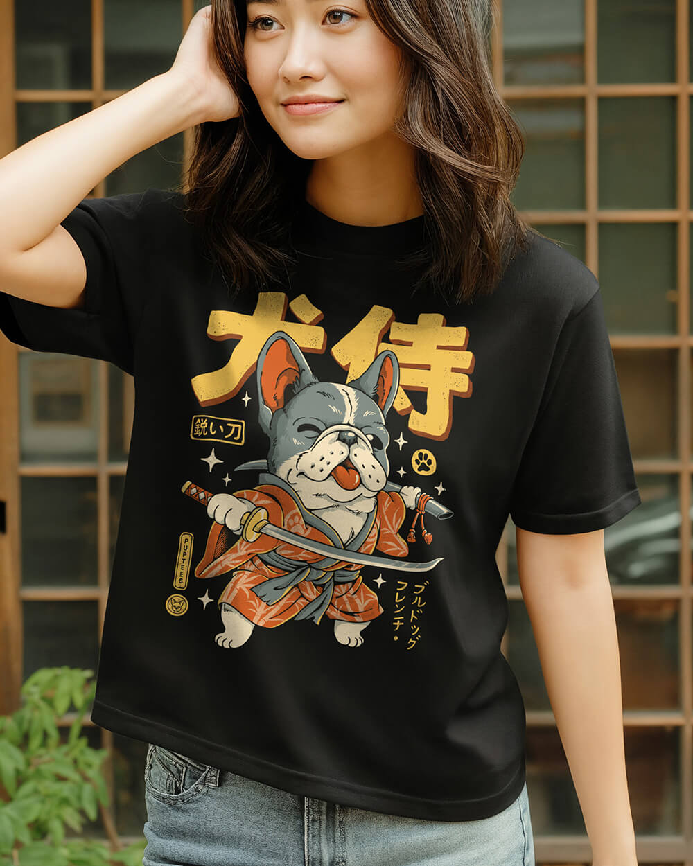 Unique French Bulldog Samurai Ronin black T-shirt design in cute Anime style