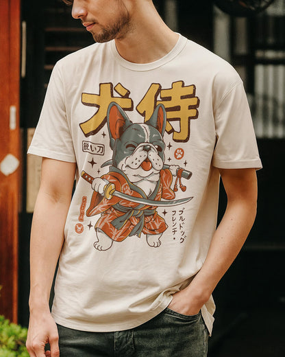 Hand illustration of Frenchie as a samurai ronin on a T-shirt, wearing armor and a sword in Japanese style