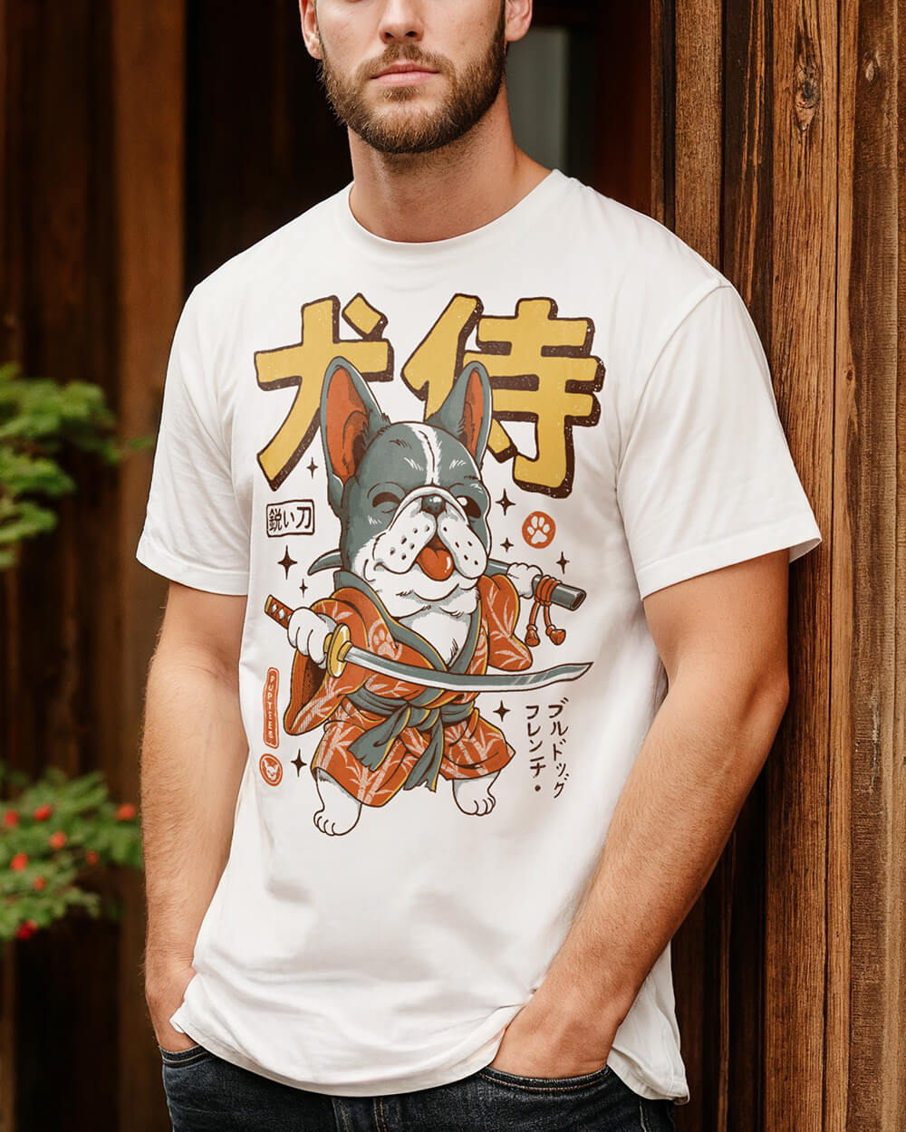 French Bulldog white T-shirt design with samurai ronin attire, perfect for dog lovers and Japanese culture enthusiasts