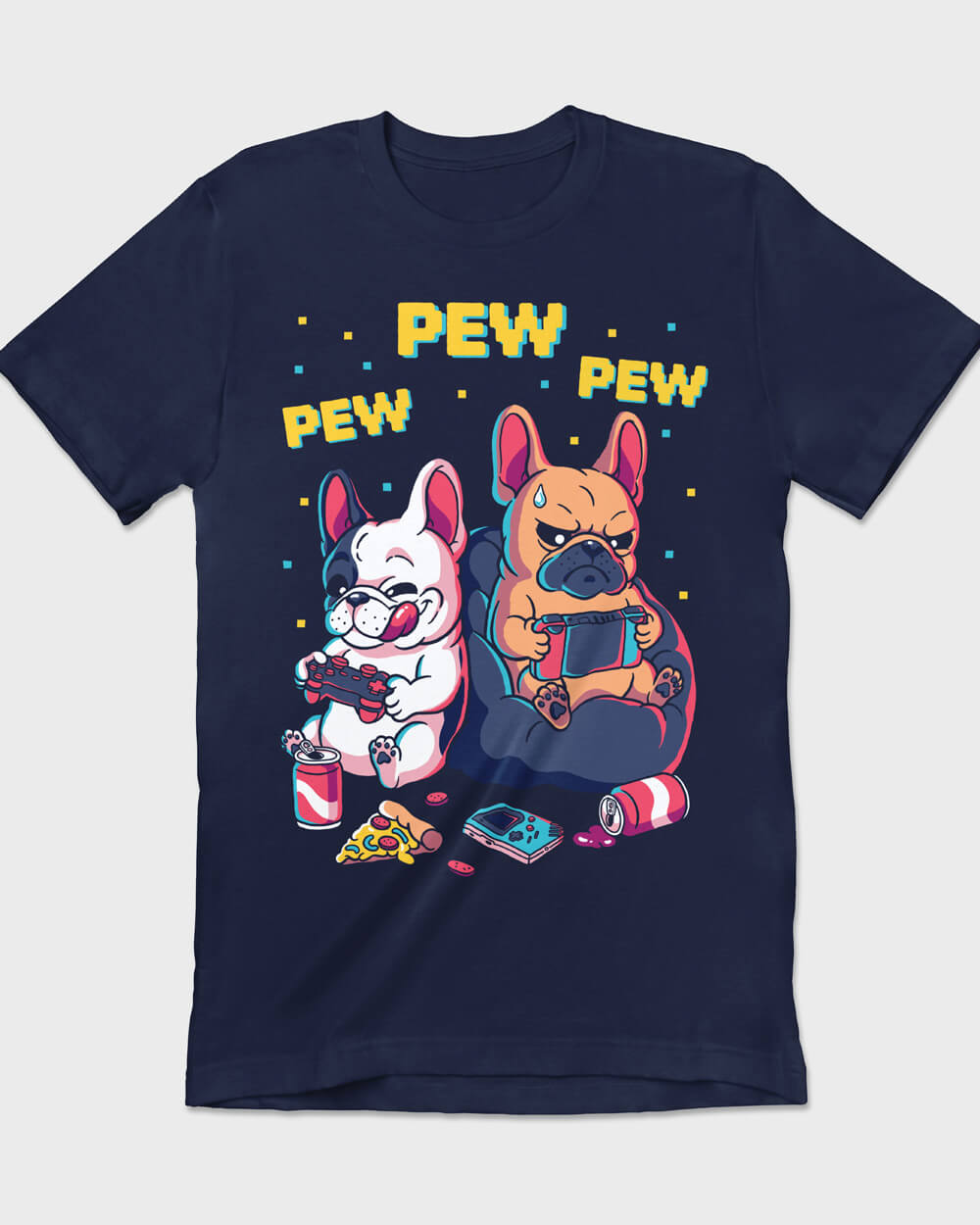 Frenchie dogs playing video games T-shirt in retro colors and design