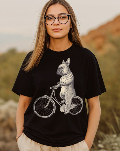 French Bulldog cycling design on a classic and minimalist black T-shirt