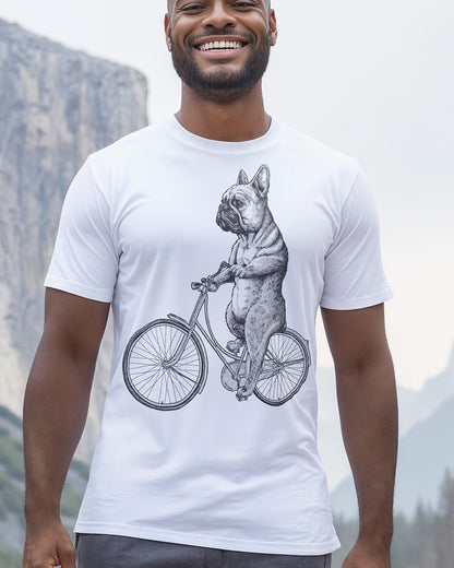 Retro black and white B&W Frenchie on a bicycle graphic white tee design