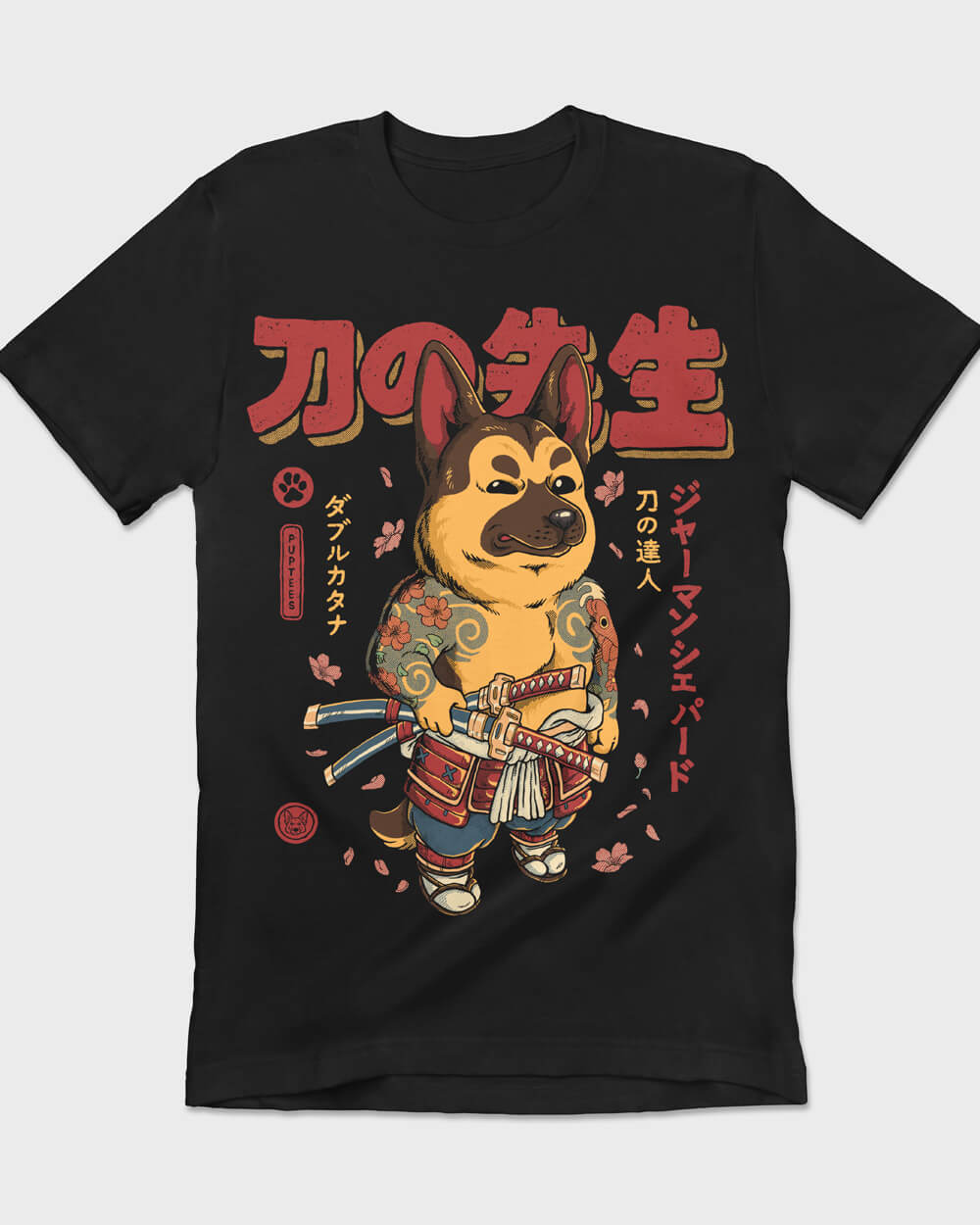 Graphic black T-shirt featuring a fierce German Shepherd dressed as a samurai ronin with a traditional katana