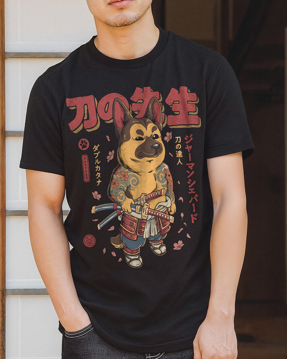 Unique German Shepherd Samurai Ronin black T-shirt design in Japanese Anime style