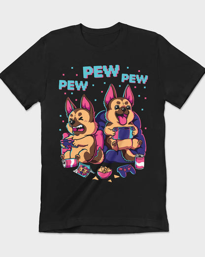 Pair of K9 GSD dogs gaming on a retro-style black T-shirt for dog lovers