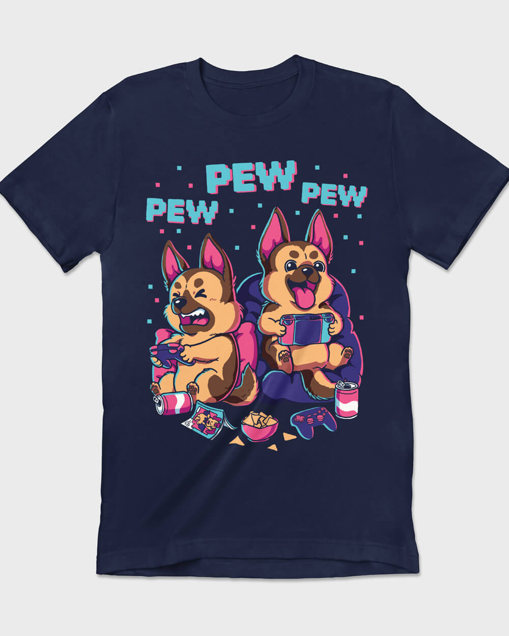 Old school graphic T-shirt with two German Shepherds playing console video games