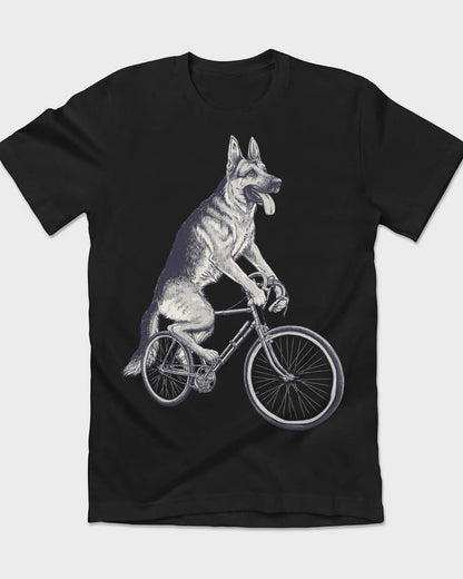 B&W GSD dog on a bicycle tee design