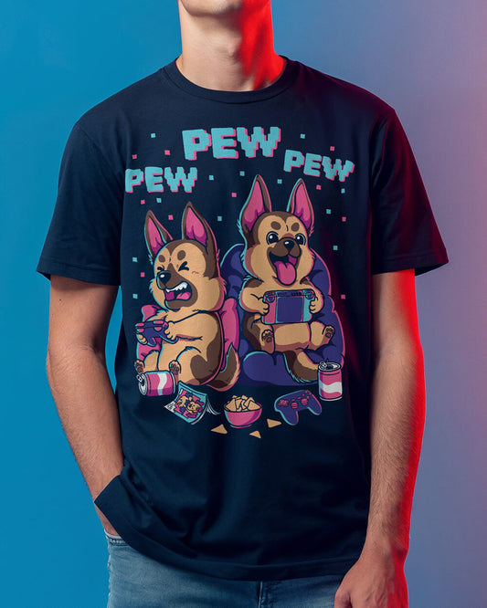 German Shepherd dogs playing video games T-shirt in retro colors and design