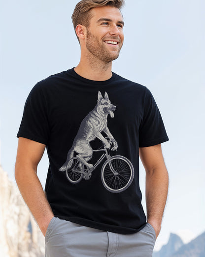 Retro black and white B&W GSD on a bicycle graphic black tee design