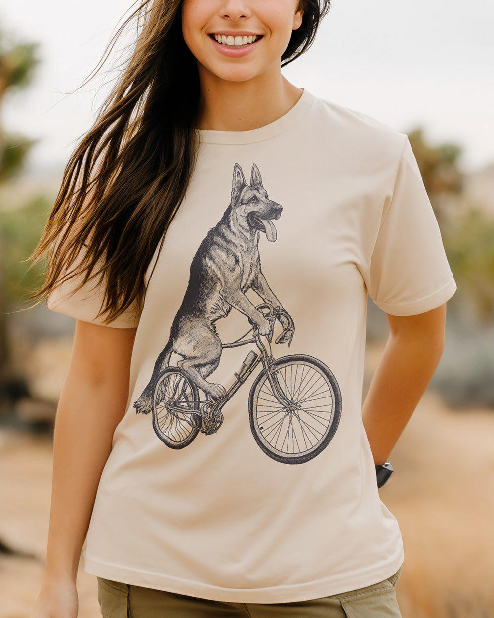 German Shepherd dog cycling design on a classic and minimalist natural color T-shirt