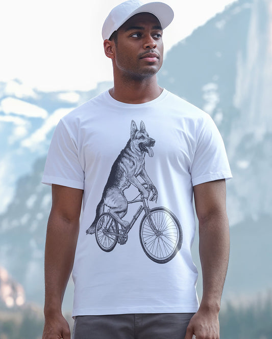 German Shepherd cycling on a vintage bicycle engraving-style white T-shirt design