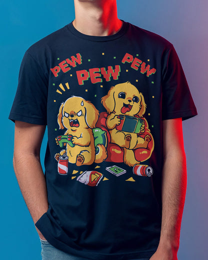 Gamer Golden Retriever pups playing retro games dad T-shirt