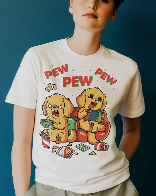 Golden Retriever dogs playing video games T-shirt in retro colors and design