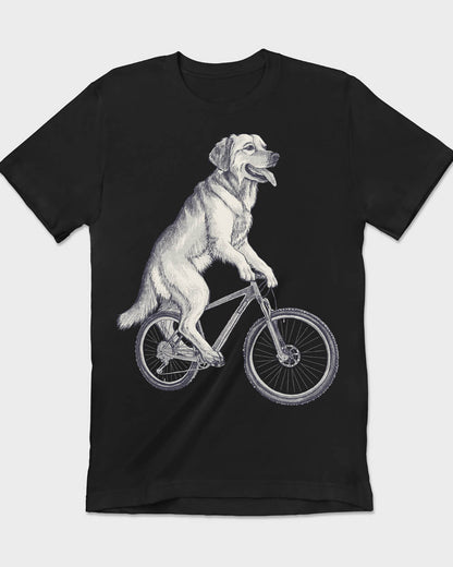 B&W Golden retriever dog on a bicycle tee design