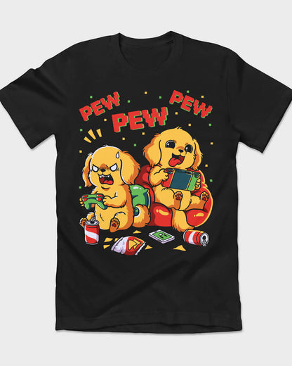 Retro graphic t-shirt with two Golden Retrievers playing video games