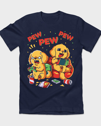 Pair of Golden Retrievers gaming on a retro-style t-shirt for dog lovers