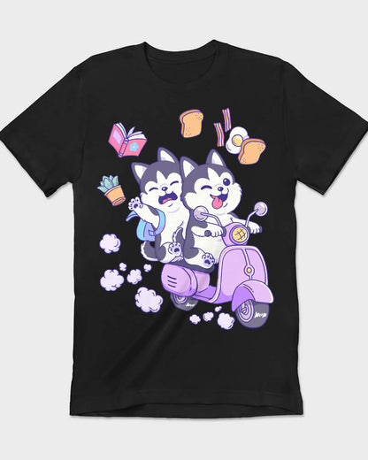 Cute printed t-shirt with anime style Husky dogs