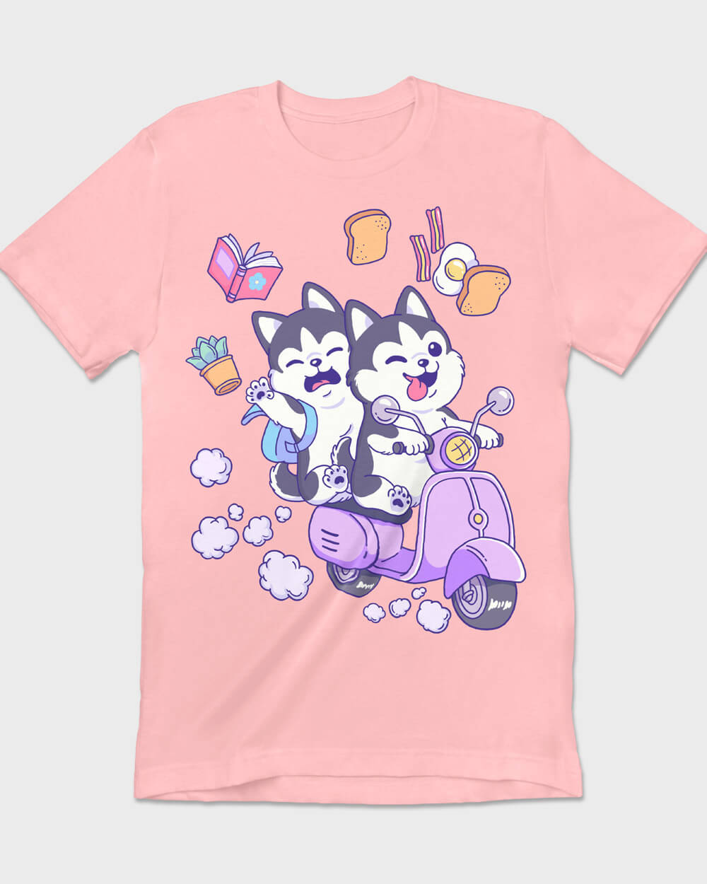 Siberian Husky Pups Riding a Scooter Pink T-shirt