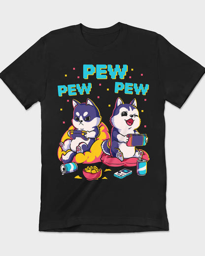 Retro graphic t-shirt with two Siberian Huskies playing video games