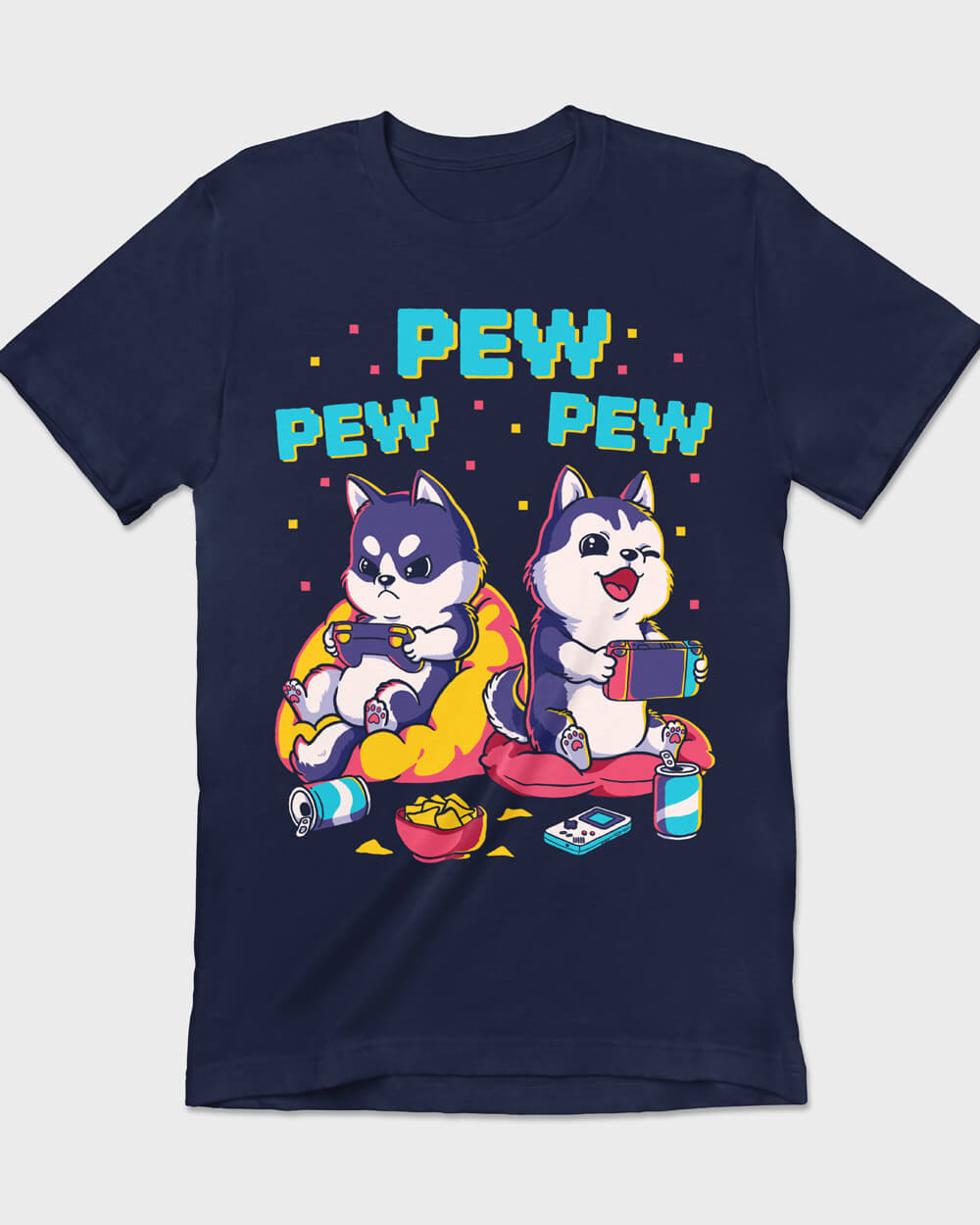 Pair of Husky dogs gaming on a retro-style t-shirt for dog lovers