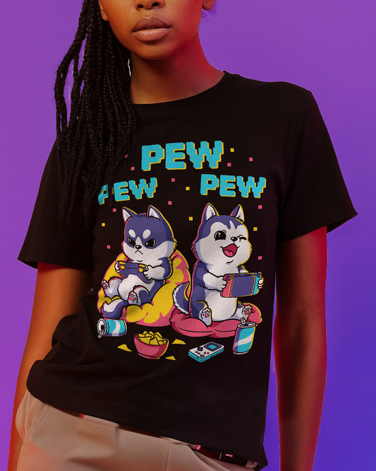Siberian Husky dogs playing video games T-shirt in retro colors and design