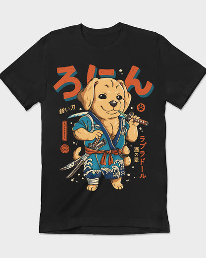 Creative black T-shirt design with a Labrador in full samurai ronin attire, inspired by Japanese samurai legends