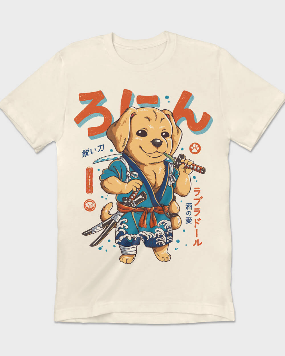 Graphic T-shirt featuring a cool Labrador dressed as a samurai ronin with a traditional katana